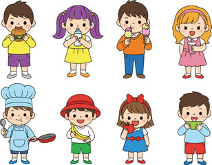 Cute cartoon children eating food, drinking milk, enjoying snacks, holding fruits, cooking, happy kids illustration, isolated vector, colorful design