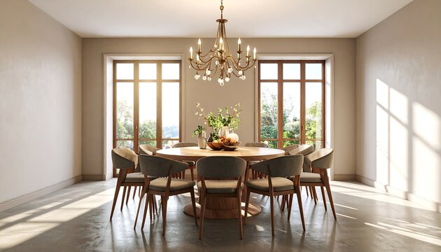 Elegant Dining Room Interior with Circular Table and Abundant Natural Light, A Cozy Dining Area with Stylish Furniture and a Rustic Chandelier - Powered by Adobe