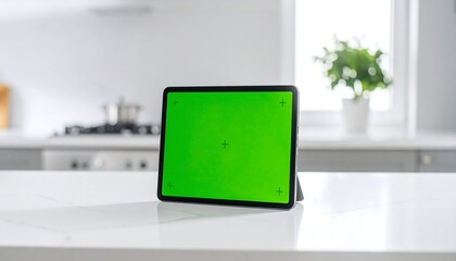 Tablet with a green chroma key screen standing upright on a marble kitchen counter for a technology or smart home mockup.