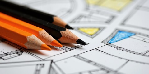 a close up of two pencils on top of a blueprint