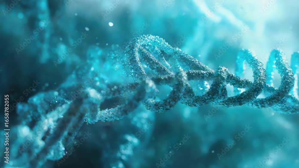 Poster close-up view of the double helix structure of dna against a backdrop of crystal salt particles, rep