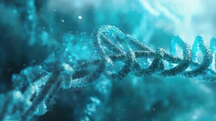 Close-up view of the double helix structure of DNA against a backdrop of crystal salt particles, representing molecular biology and scientific research.