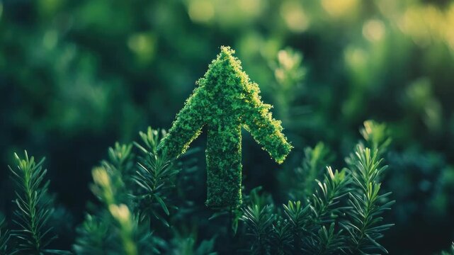 A green arrow is on top of a green plant. The arrow is pointing upwards. The plant is surrounded by green leaves