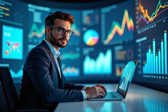 A Chartered Tax Accountant Surrounded by Vibrant Digital Invoices and Illuminated Charts and Graphs