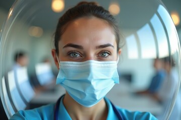 Receptionist Woman in a Medical Face Mask Welcoming Patients with a Bright Smile Behind a Transparent Safety Dome