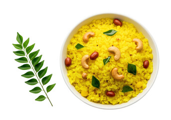 Delicious indian poha breakfast dish with cashews peanuts and curry leaves isolated on transparent background