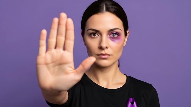 Domestic violence awareness: woman shows stop sign with bruise and purple ribbon support campaign video 4k