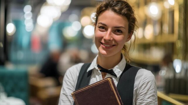 Shot of a hostess smiling warmly while holding a reservation book restaurant interior subtly blurred to highlight welcoming atmosphere.