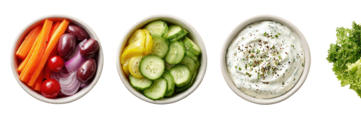 Three small bowls of assorted fresh foods.  