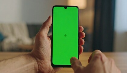 Male Hands Interacting with Smartphone Green Screen for App Mockup Display, Using Mobile Device with Touch Gestures for Content Interaction