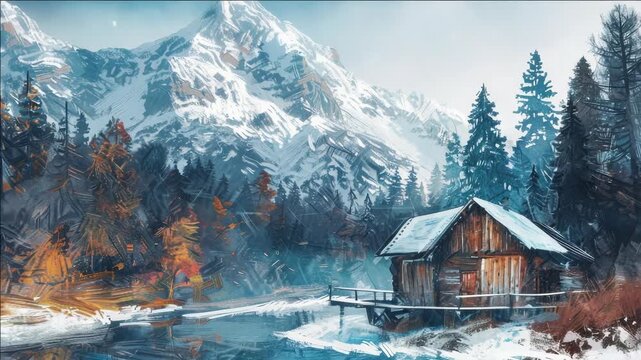 A quaint mountain cabin nestled in a snowy landscape, ready to offer cozy shelter and a warm hearth during winter months.