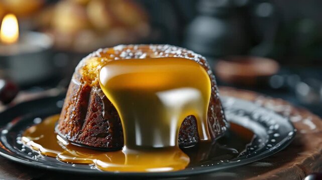 A traditional British Christmas pudding with a rich fruitcake layer, covered in dark syrup and sugar glaze, garnished with a caramel sauce, ready to be served on the festive holiday table.