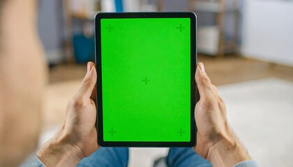 Naklejka premium Hands Holding a Tablet with a Green Screen for Easy Editing, Man Holding a Tablet with Green Screen and Tracking Markers in a Casual Setting