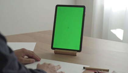 Tablet with Green Screen Display on Wooden Desk with Papers and Pens, Man's Hands Near Drawing Supplies, Green Screen Tablet on Desk Near Papers and Drawing Tools