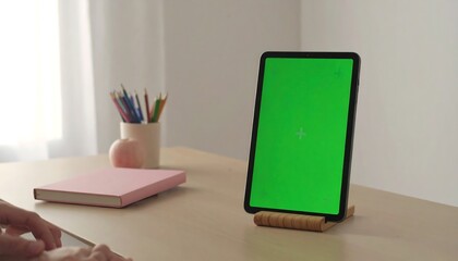 Digital Tablet with Green Screen on Wooden Stand, Pink Book and Pencils in Background, Workspace for Designers and Creatives