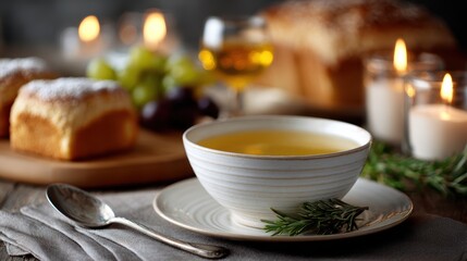 Fototapeta premium yom kippur meal display, authentic yom kippur break-fast with matzo ball soup, honey cake, bagels, salmon, fruit, and a warm candlelit ambiance