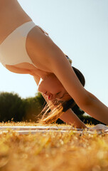 Young woman in sportswear stretching body on fitness mat at public park, doing yoga. Healthy...