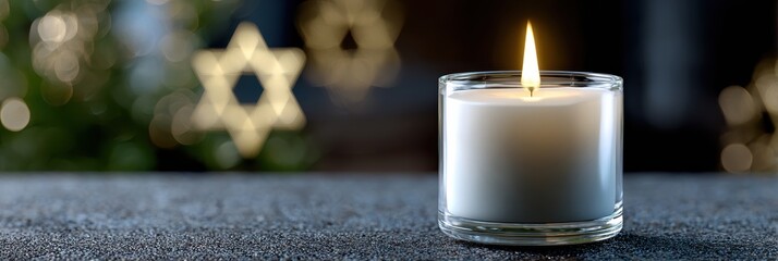 memorial banner design, luminous yahrzeit candle and star of david create a spiritually reverent atmosphere with cinematic realism and elegant muted tones