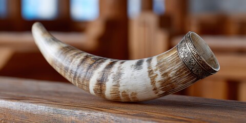 religious artifact, detailed close-up of a shofar on a wooden synagogue bench, with the prayer hall blurred in the background