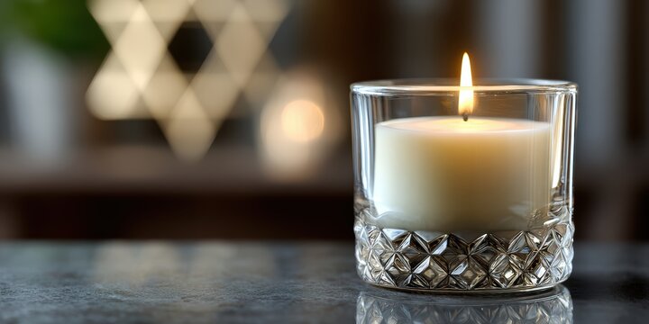 yahrzeit candle postcard, postcard template with lit yahrzeit candle in glass holder, blurred star of david motif, warm reflective tones, and ample space for text