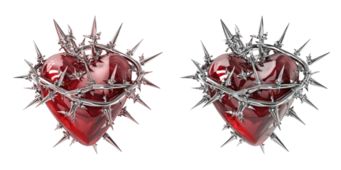 Two 3D rendered red hearts, adorned with silver thorny wreaths