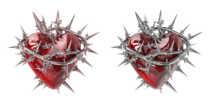 Two 3D rendered red hearts, adorned with silver thorny wreaths - Powered by Adobe
