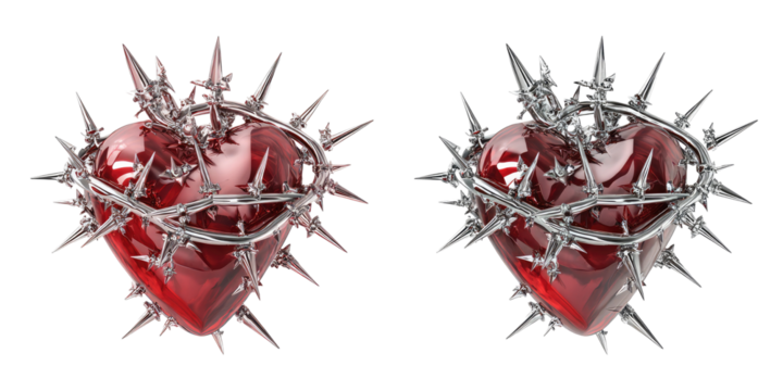 Two 3D rendered red hearts, adorned with silver thorny wreaths