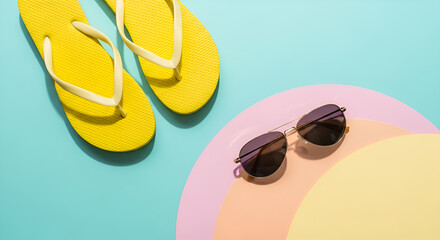 Bright yellow flip flops and sunglasses on a pastel background