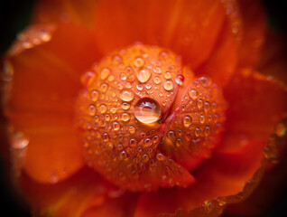 Macro close up of orange flower petals with water droplets