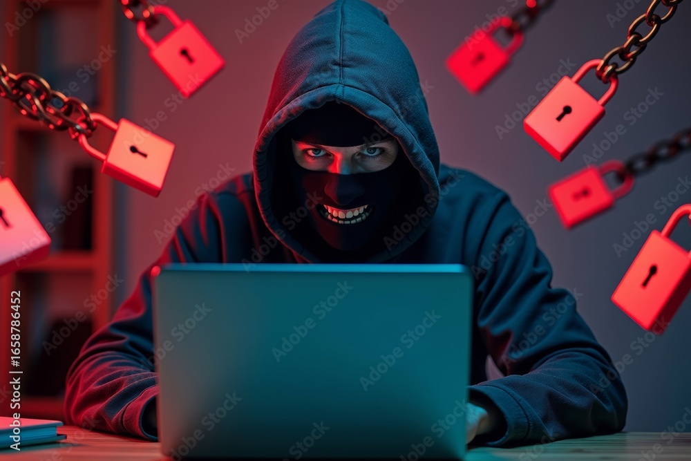 Poster hacker in balaclava smirks at computer surrounded by encrypted personal files