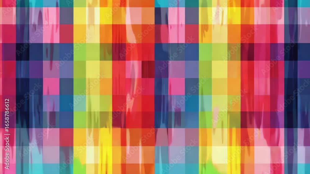 Poster a vivid and colorful graphic design featuring a series of rainbow stripes arranged in diagonal patte