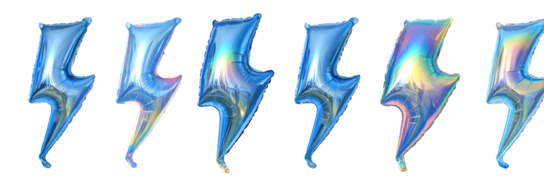 Multi-colored, iridescent lightning bolt graphic design, appearing as if a metallic or holographic material