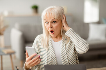 Portrait of worried surprised senior lady reading shocking news on smartphone at home, looking at...