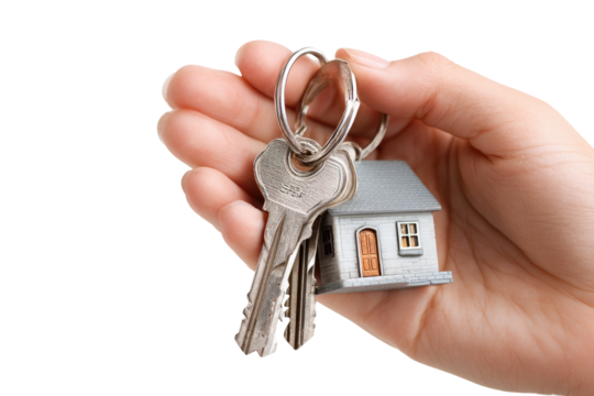 Hand holding house keys and miniature house - Powered by Adobe