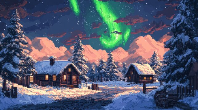 northern lights form a 2025 in the winter lapland sky, 16-bit pixel art, mixed media collage style
