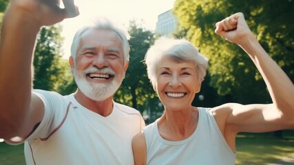 Seniors exercising together in the park.