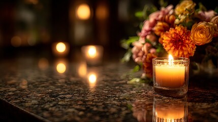 Atmospheric illustration of a burning candle in a glass holder placed on a granite surface next to flowers, with blurred glowing lights in the background. A symbolic All Saints Day themed composition 