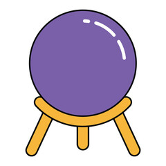 Cartoon illustration of a purple crystal ball on a wooden stand, , used for fortune telling and predicting the future