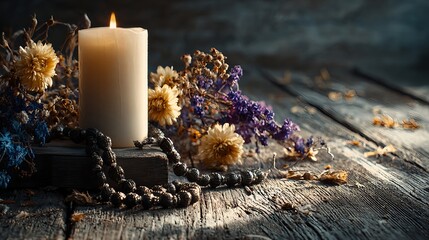 Still life composition with a burning candle, wooden rosary beads and dried flowers on a wooden table. A symbolic scene of prayer, reflection and remembrance, often associated with All Saints Day, fun