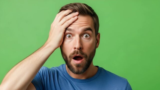 Close-up portrait of a surprised and shocked man with a beard and wide eyes, holding his hand on his head, against a green background.

