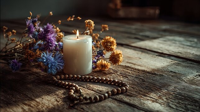 Still life composition with a burning candle, wooden rosary beads and dried flowers on a wooden table. A symbolic scene of prayer, reflection and remembrance, often associated with All Saints Day, fun