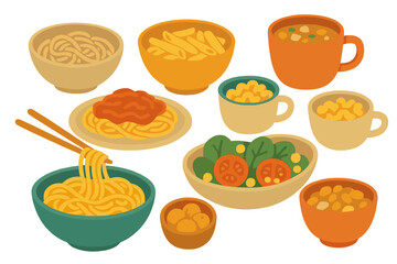 Cartoon vector set of various pasta types, including linguine, spaghetti, rigatoni, ravioli, and macaroni, along with wok, rice flour, pots, and noodles, representing italian and asian culinary food