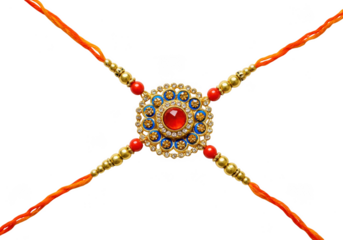 Ornate indian rakhi bracelet with intricate golden details and a central red gemstone isolated on transparent background