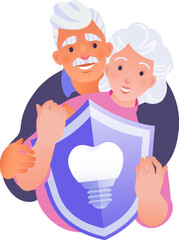 Dentistry visual concept vector flat cartoon illustration. Happy elderly embraced couple holding medical shield with dental implant symbol.