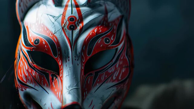 A red traditional Japanese warrior helmet with intricate designs, often worn during festivals or performances to represent a samurai or other warrior characters.