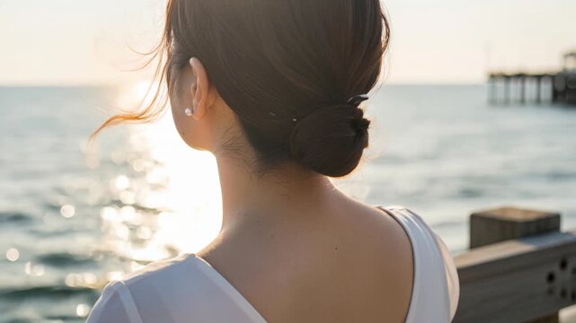 夕暮れの海辺に佇む女性のうなじと後ろ姿