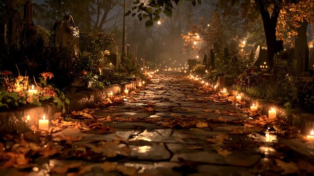 Atmospheric illustration of a cemetery alley illuminated by lanterns and candles, covered with autumn leaves and surrounded by graves. A symbolic All Saints Day themed composition representing remembr