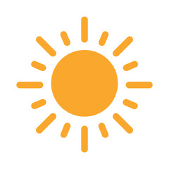 A simple sun icon, representing sunny weather, warmth, and light, with a bright orange color and flat design