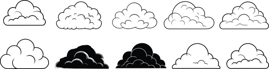 Cloud shapes vector, cartoon illustration, fluffy clouds, weather icons, abstract design, hand drawn style, sky elements, outline graphics, clipart