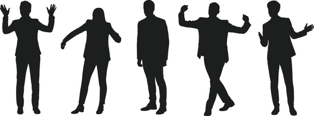 Business people silhouettes, standing poses, executive gestures, office workers vector, professional staff illustration, corporate team design, teamwork concept, modern business presentation figures